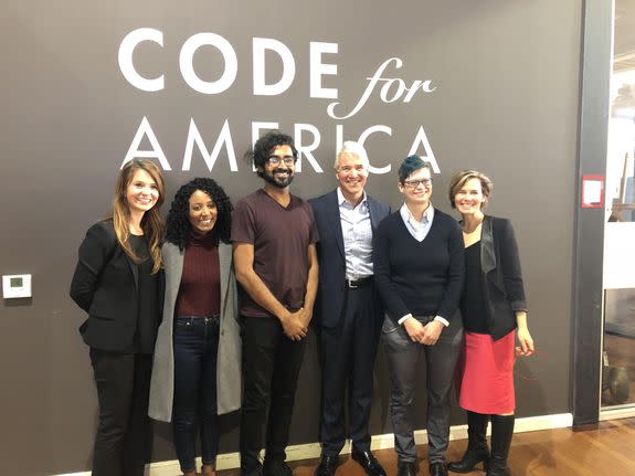 L-R Evonne Silva (CfA Senior Director,) Jazmyn Latimer (Lead Designer,) Paras Sanghavi (Senior Software Engineer,) San Francisco District Attorney George Gascón, Laura Kogler (Engineering Manager,) and Jennifer Pahlka (founder and executive director) at the partnership announcement.