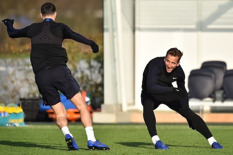 England's striker Harry Kane (R) attends a training session at Tottenham Hotspur's training ground in north London on November 17, - Credit: GLYN KIRK/AFP/Getty Images