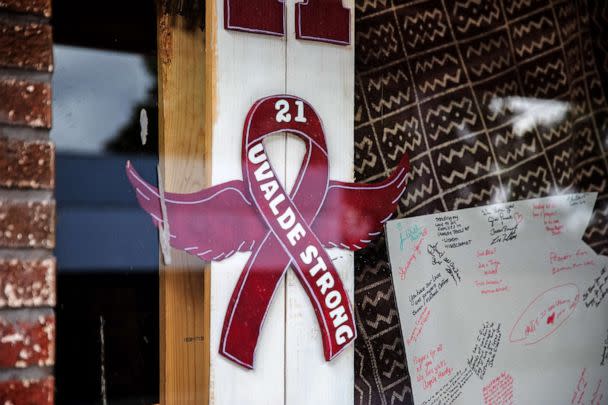 PHOTO: An 'Uvalde Strong' ribbon is displayed outside a building in downtown Uvalde, TX on Aug. 21, 2022. (Kat Caulderwood/ABC News)
