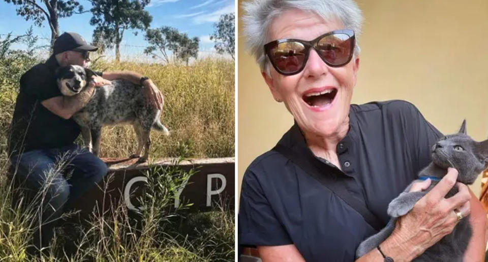 Left, David sits with a dog in Cypress. Right, Anne cuddles a kitten. Source: Supplied