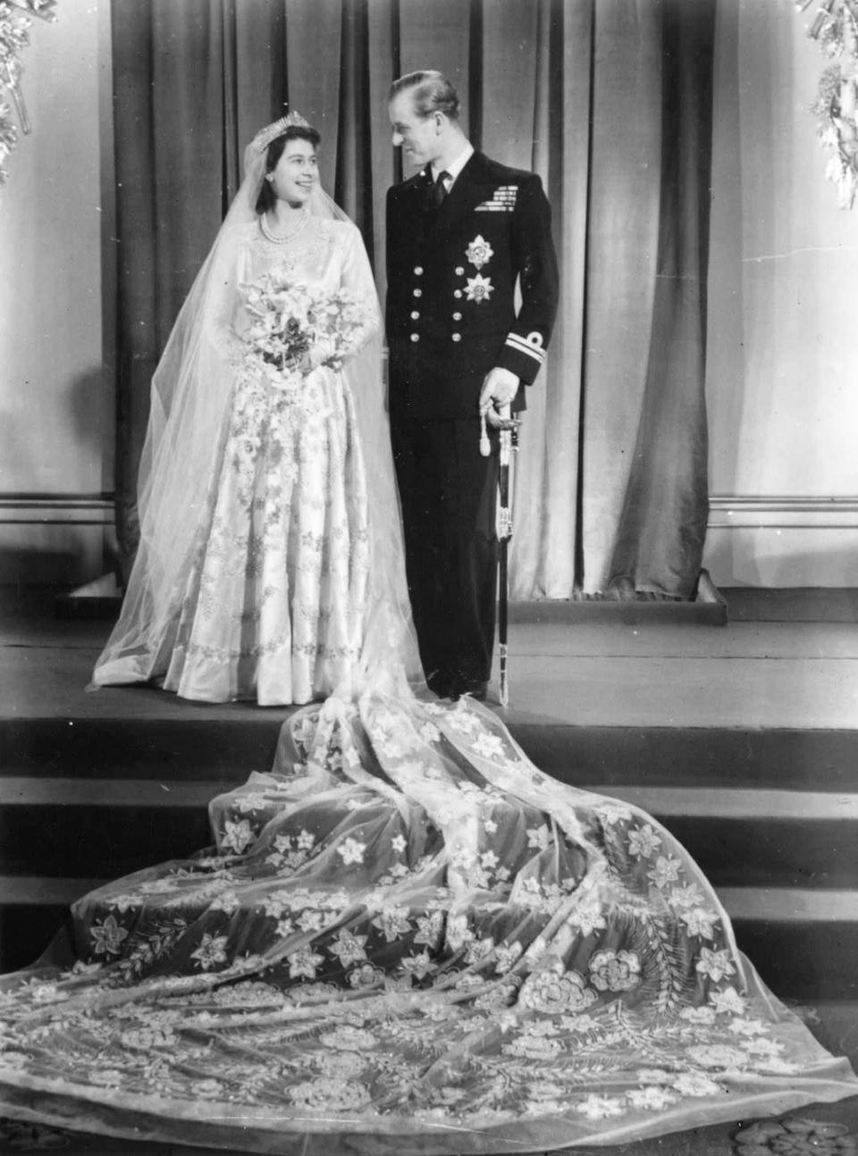 <p>Princess Elizabeth with Philip Mountbatten on their wedding day, 20th November 1947.</p>