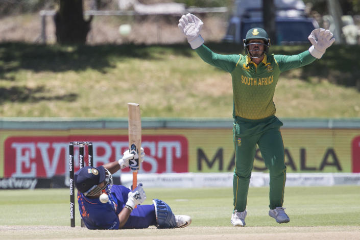 South African wicketkeeper Quinton De Kock appeals for a wicket against Rishabh Pant second ODI cricket match between South Africa and India in Paarl, South Africa, Friday, Jan. 21, 2022. (AP Photo/Halden Krog)