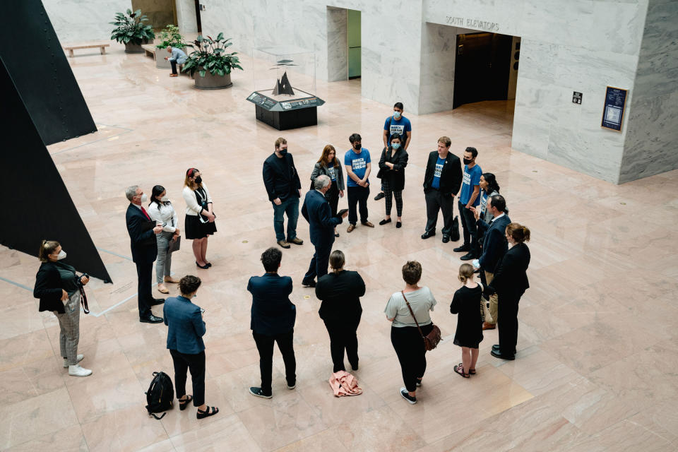 David Hogg and his fellow activists meet with Senator Ed Markey (D-MA) at the Hart Senate Office Building in Washington, D.C., on Tuesday, June 9, 2022.<span class="copyright">Shuran Huang for TIME</span>