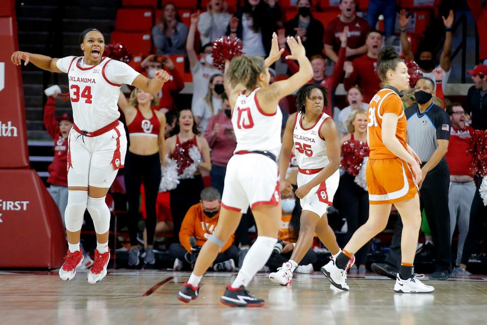 OU guard Kelbie Washington (10) and guard Madi Williams (25) celebrate beside Texas guard Audrey Warren (31) after a 65-63 win on Saturday in Norman.