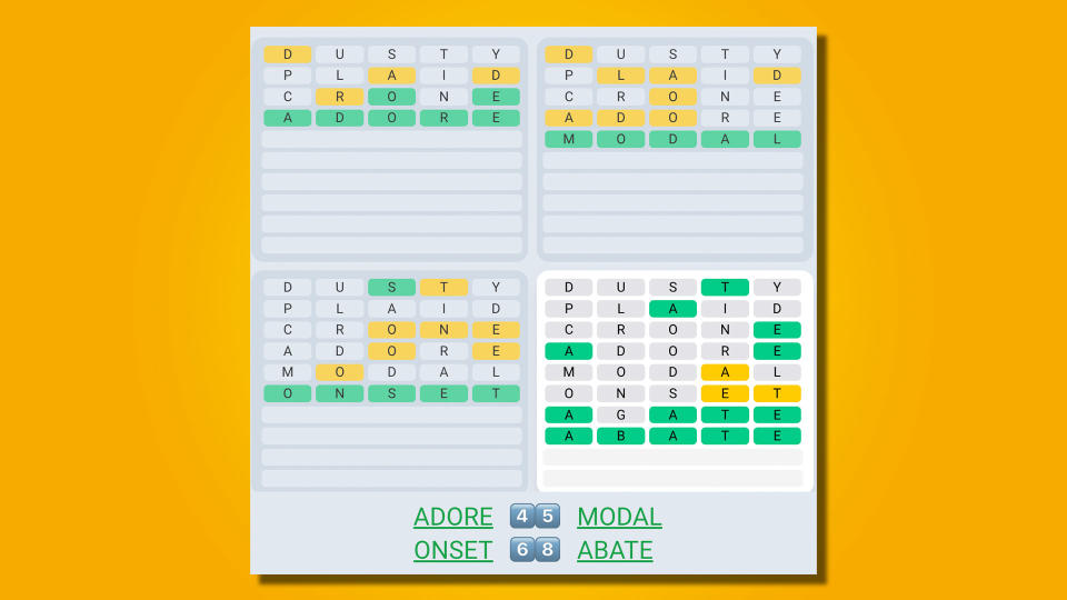 Quordle Daily Sequence answers for game 541 on a yellow background