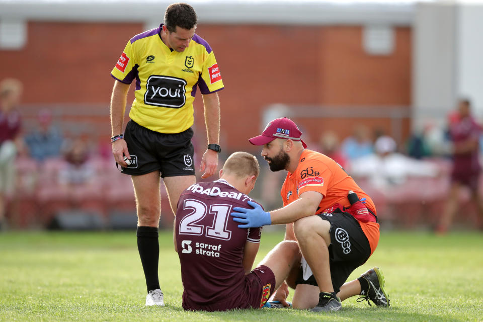 Tom Trbojevic in pain during a match for the Manly Sea Eagles in Round 19.