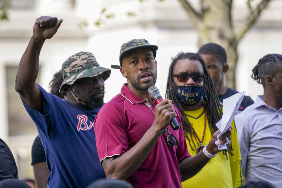 Wisconsin Lt. Gov. Mandela Barnes speaks at a rally for Jacob Blake in Kenosha, Wis., on Aug. 29, 2020. (Morry Gash / AP file)