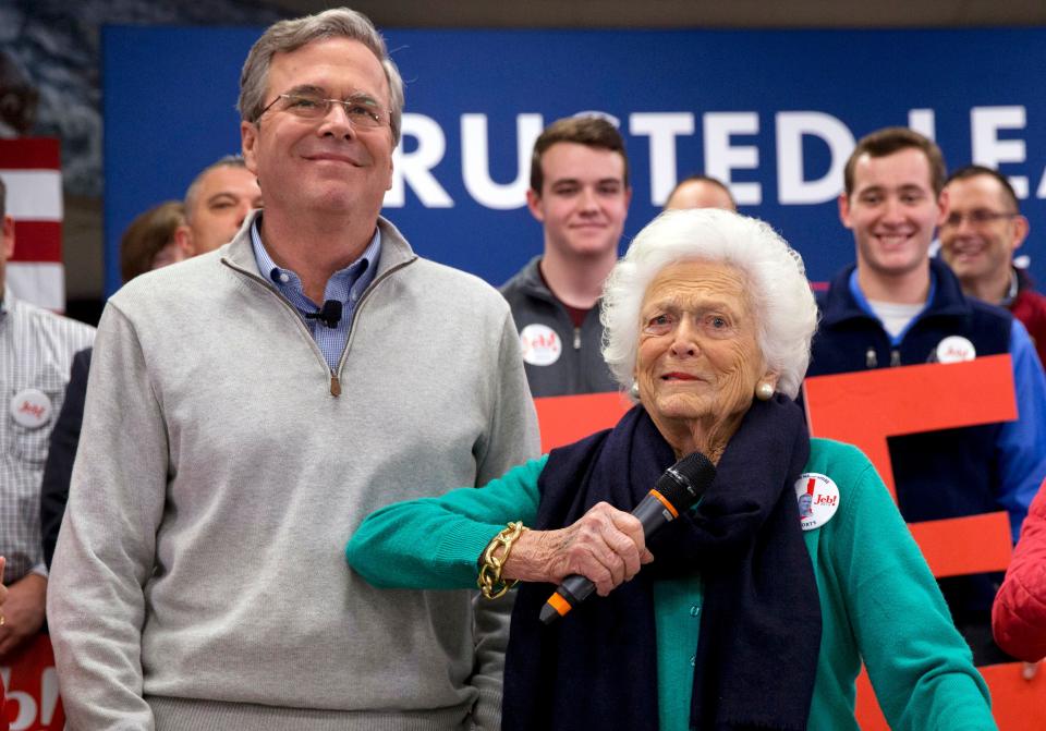 Barbara Bush jokes with her son, Republican presidential