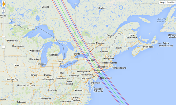 The predicted occultation path of the bright star Regulus by the asteroid 163 Erigone on March 20, 2014 is shown in this map by Geoff Hitchcox/IOTA using Google Maps. The blue lines show the outer edges of the zone where Regulus will be blacked