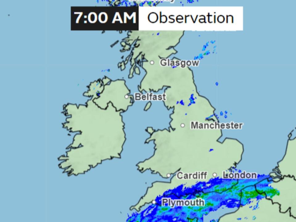 By 7am, fewer clouds can be seen over Southeastern England while Southwest remains under heavy rain alert (Met Office)