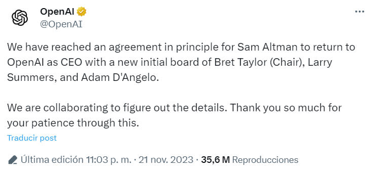OpenAI reconsideró su decisión y trajo de vuelta a Sam Altman