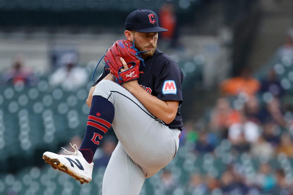 Jul 10, 2024; Detroit, Michigan, USA; Cleveland Guardians pitcher Tanner Bibee (28) pitches in the first inning against the Detroit Tigers at Comerica Park. Mandatory Credit: Rick Osentoski-USA TODAY Sports