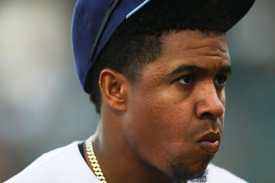 Hooks second baseman Enmanuel Valdez (2) returns to the dugout in a game against the Wichita Wind Surge on Tuesday, May 24, 2022 at Whataburger Field. The Hooks lost 8-3.