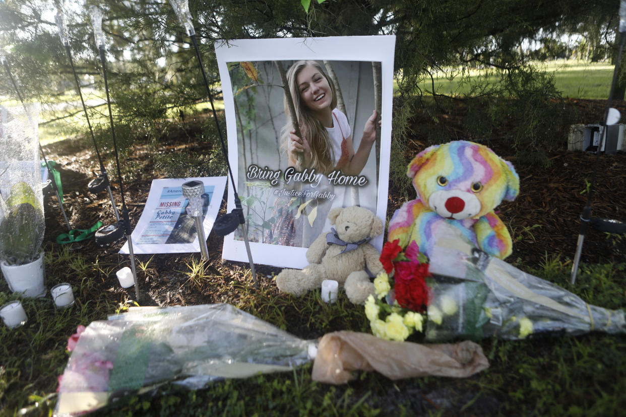 NORTH PORT, FL - SEPTEMBER 20: A makeshift memorial dedicated to missing woman Gabby Petito is located near City Hall on September 20, 2021 in North Port, Florida. A body has been found by authorities in Grand Teton National Park in Wyoming that fits the description of Petito, who went missing while on a cross-country trip with her boyfriend Brian Laundrie.  (Photo by Octavio Jones/Getty Images)