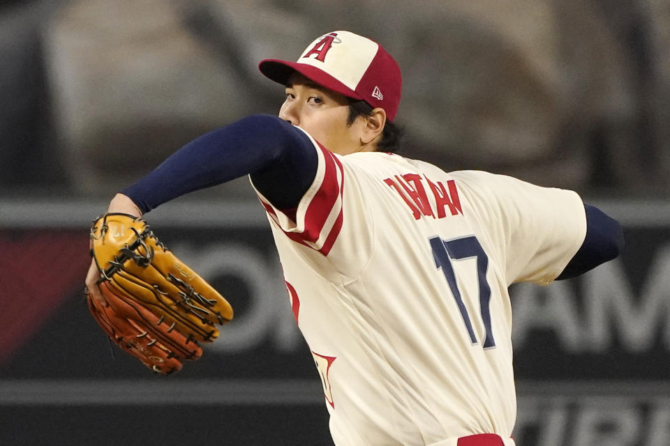 Los Angeles Angels starting pitcher Shohei Ohtani throws to the plate during the first inning of a baseball game against the Oakland Athletics Thursday, Sept. 29, 2022, in Anaheim, Calif. (AP Photo/Mark J. Terrill)