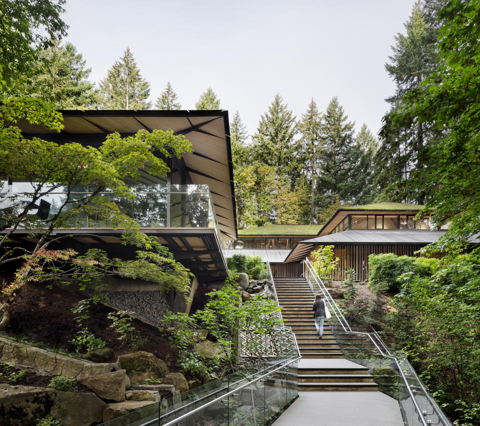 This photo provided by Portland Japanese Garden shows the view approaching the Cultural Village from the Sheila Edwards-Lienhart Bridge. (Garry Belinsky/Portland Japanese Garden via AP)