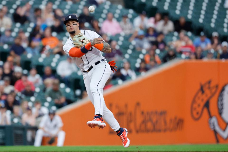 Tigers shortstop Javier Baez makes a throw in the fifth inning of the Tigers' 4-2 loss to the Yankees on Tuesday, Aug. 29, 2023, at Comerica Park.