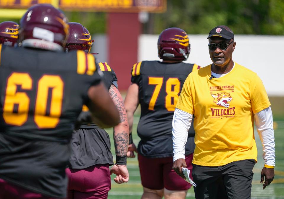 Bethune-Cookman University head football coach Raymond Woodie Jr. during the Wildcats' spring game at Daytona Stadium, Saturday, April 20, 2024.