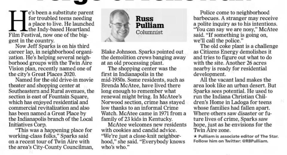 A column by Russ Pulliam notes changes coming to the Twin Aire neighborhood in the Dec. 13, 2016 edition of IndyStar.