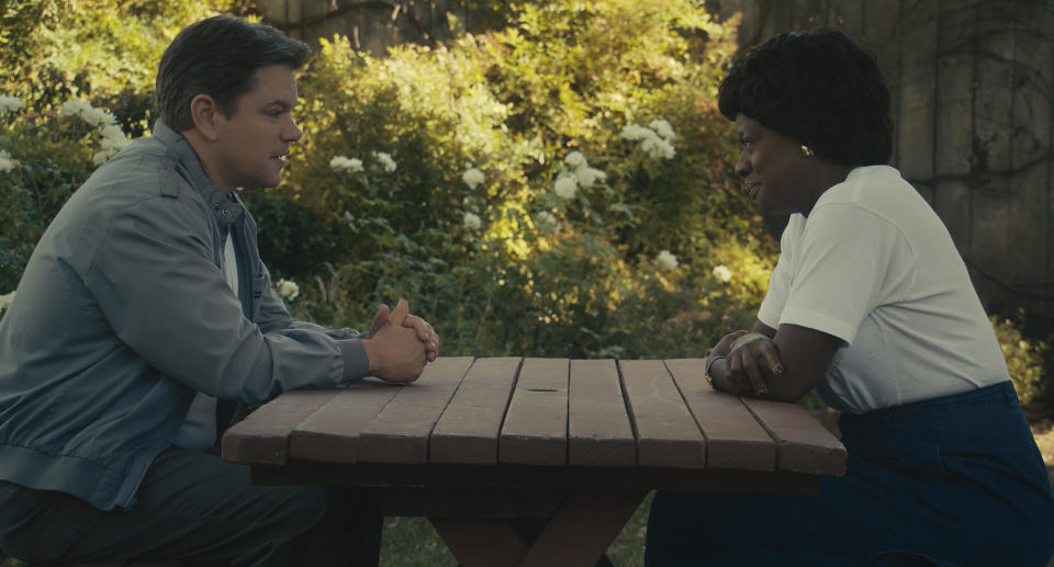 Matt Damon as Sonny Vaccaro and Viola Davis as Deloris Jordan in Air.