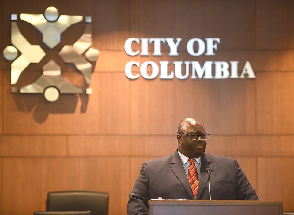 Columbia city manager De'Carlon Seewood delivers the State of the City of Columbia address on Thursday at City Hall.