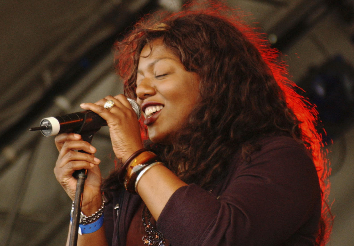 EASTNOR, ENGLAND - AUGUST 5: Denise Johnson of A Certain Ratio performs on the Open Air stage during the first day of the Big Chill music festival at Eastnor Castle Deer Park in the Malvern Hills on August 5, 2005 in Herefordshire, England. (Photo by Jim Dyson/Getty Images)