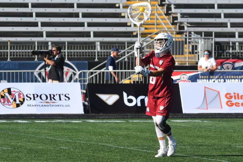 Gibbsboro native and England goalie Britt Read clears the ball against the United States at the 2022 World Lacrosse Women's Championship