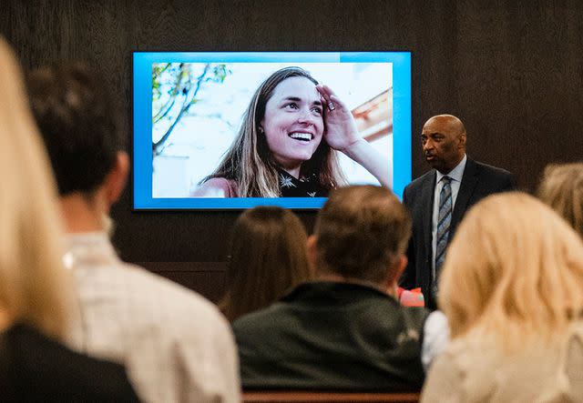 <p>Mikala Compton/Austin American-Statesman/AP</p> Anna Moriah Wilson's photo is displayed on the screen as state attorney Rickey Jones addresses the jury during the sentencing portion of Kaitlin Armstrong's murder trial on November 17, 2023.