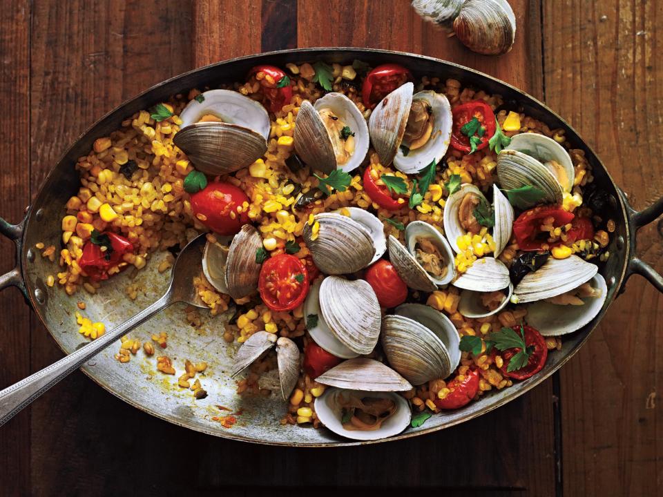 Paella with Poblanos, Corn, and Clams