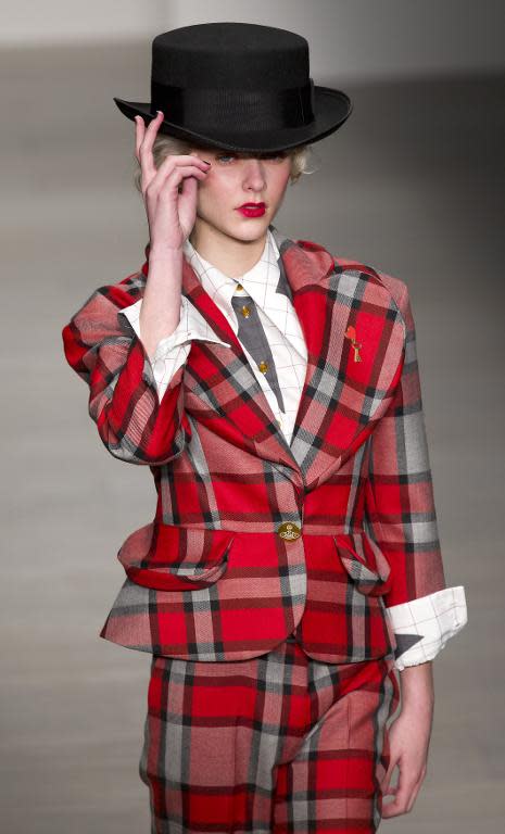 A model walks the runway at the Vivienne Westwood Red Label show during London Fashion Week on February 16, 2014