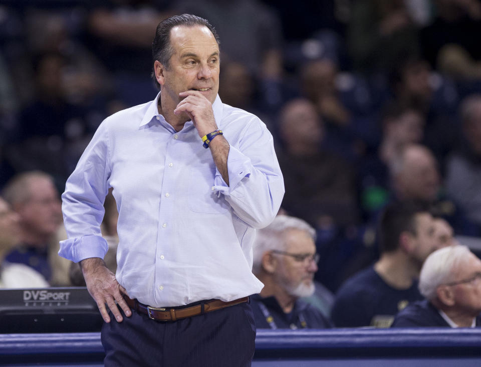 Notre Dame head coach Mike Brey looks on during an NCAA college basketball game against Clemson Wednesday, March 6, 2019, in South Bend, Ind. Clemson won 64-62. (AP Photo/Robert Franklin)