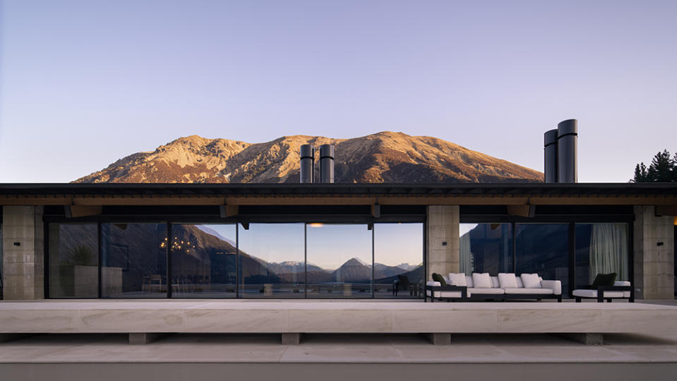 Exterior view of Flockhill Lodge on Lake Pearson in New Zealand