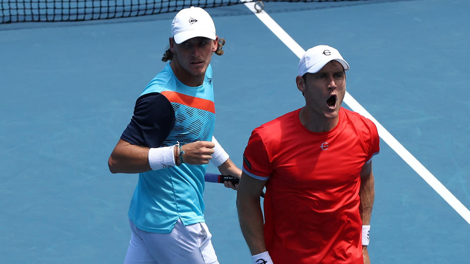 Max Purcell and Matthew Ebden will face fellow Australians Nick Kyrgios and Thanasi Kokkinakis in the Australian Open men's doubles final. (Photo by Mark Metcalfe/Getty Images)