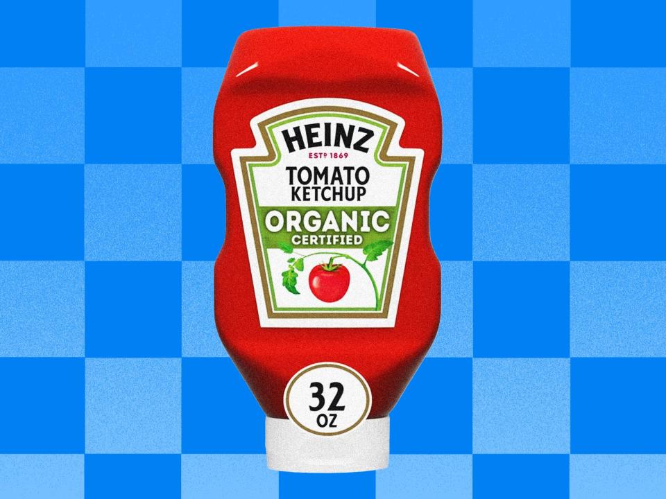 Heinz Ketchup bottle on a blue checkered background