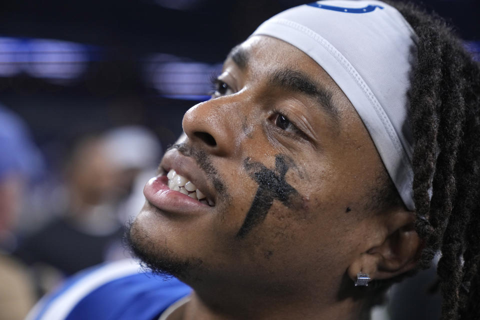 Indianapolis Colts wide receiver Josh Downs (1) looks on during the second half of an NFL football game against the New Orleans Saints, Sunday, Oct. 29, 2023 in Indianapolis. (AP Photo/Michael Conroy)