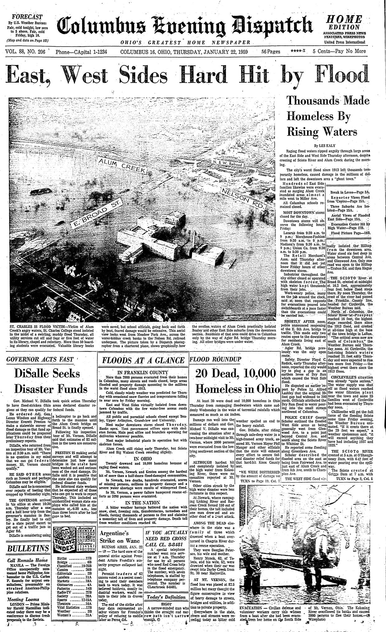 Front page of the Columbus Evening Dispatch for Jan. 22, 1959. Greater Columbus experiences devastating flooding.