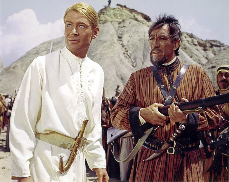 Irish actor Peter O'Toole and Mexican-American actor Anthony Quinn on the set of Lawrence of Arabia, directed by David Lean. (Photo by Sunset Boulevard/Corbis via Getty Images)