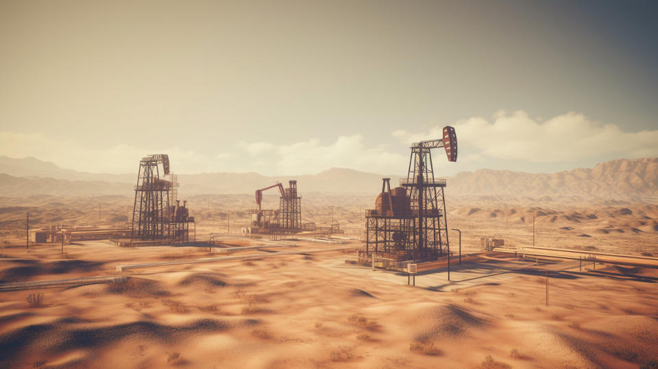 Aerial view of oil and gas drilling rigs in sun-kissed desert.