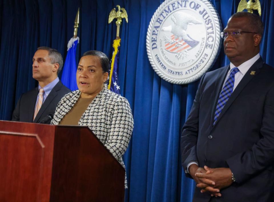 <div class="inline-image__caption"><p>Rachael Rollins, middle, United States Attorney for the District of Massachusetts, Joseph R. Bonavolonta, left, FBI special agent in charge of the Boston Field Office, and Michael Cox, right, Boston Police Commissioner announcing Catherine Leavy, 37, of Westfield was arrested for willfully making a false bomb threat towards Childrens Hospital at the US District Attorney's office in the John Joseph Moakley United States Courthouse.</p></div> <div class="inline-image__credit">Boston Globe/Getty</div>