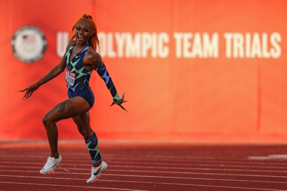 Sha’Carri Richardson celebrates winning the Women’s 100 Meter final on day 2 of the 2020 U.S. Olympic Track & Field Team Trials at Hayward Field on June 19, 2021 in Eugene, Oregon. (Photo by Patrick Smith/Getty Images)