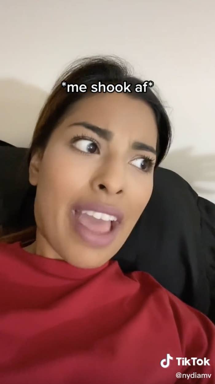 Nydia describing her story on TikTok with the caption "*me shook af*"