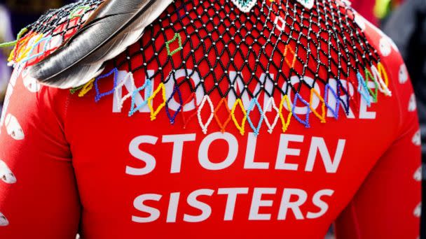 PHOTO: A marcher wears a shirt reading 'No more stolen sisters' during the third annual march and gathering for Missing & Murdered Indigenous Women, People & Families, hosted by the grassroots organization MMIWP Families, Saturday, May 6, 2023, Seattle. (Lindsey Wasson/AP)