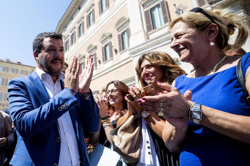 Italian Deputy-Premier and Interior Minister, Matteo Salvini, is cheered by supporters in Rome, Wednesday, Aug. 21, 2019. Italy could see elections as early as this fall after Italian Premier Giuseppe Conte resigned amid the collapse of the 14-month-old populist government. Matteo Salvini's right-wing League party sought a no-confidence vote against Conte earlier this month, a stunningly bold move for the government's junior coalition partner. (Angelo Carconi/ANSA via AP)