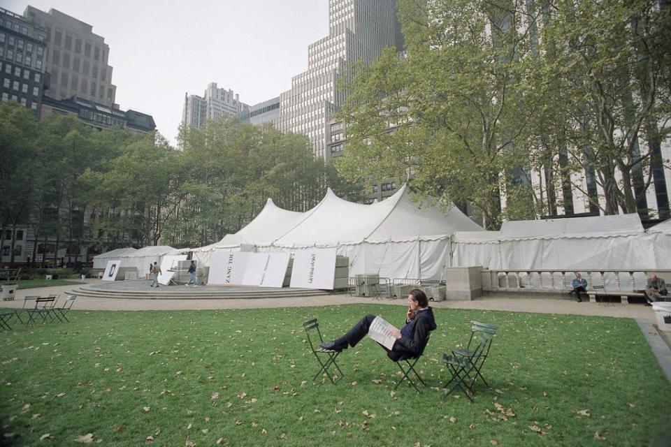 In 1993, New York fashion shows were centralized under the 7th on Sixth banner and move to the tents in Bryant Park.