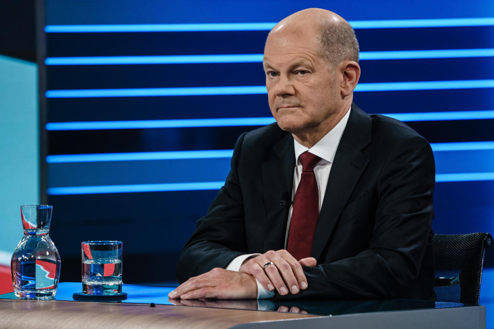 German Minister of Finance and Social Democratic Party (SPD) top candidate for the federal elections Olaf Scholz looks on before a TV debate on September 23, 2021 in Berlin, Germany. / Credit: Clemens Bilan/Pool/Getty