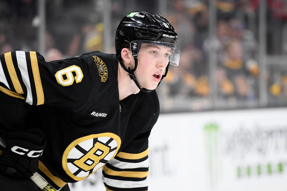 Oct 3, 2023; Boston, Massachusetts, USA; Boston Bruins defenseman Mason Lohrei (6) gets set for a face-off during overtime against the Washington Capitals at TD Garden. Mandatory Credit: Bob DeChiara-USA TODAY Sports