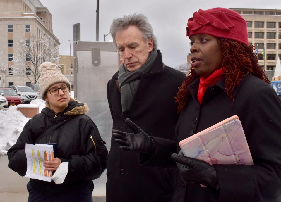 Democratic Binghamton City Councilmembers Aviva Friedman, Joe Burns and Angela Riley stand at the corner of Hawley and State streets Monday, Jan. 23, to propose the launch of a third-party investigation into alleged misconduct by the Binghamton Police Department.