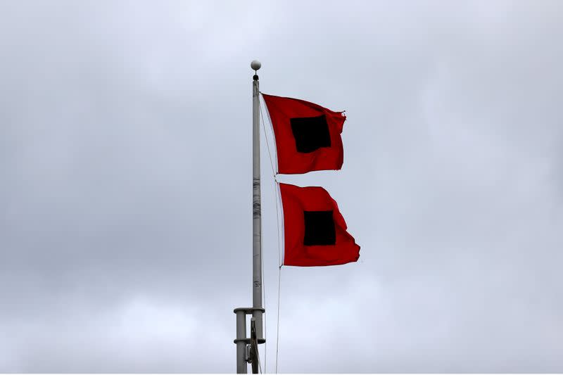 A US maritime flag indicating a hurricane warning flies as Hurricane Sally approaches Gulfport