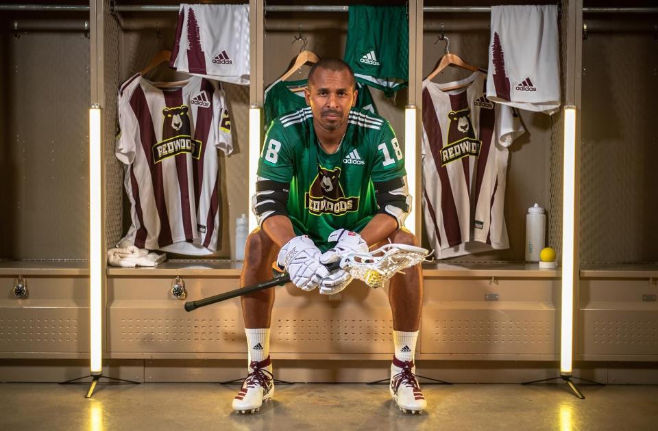 Redwoods jerseys for the new Premier Lacrosse League, modeled by Kyle Harrison (Adidas)