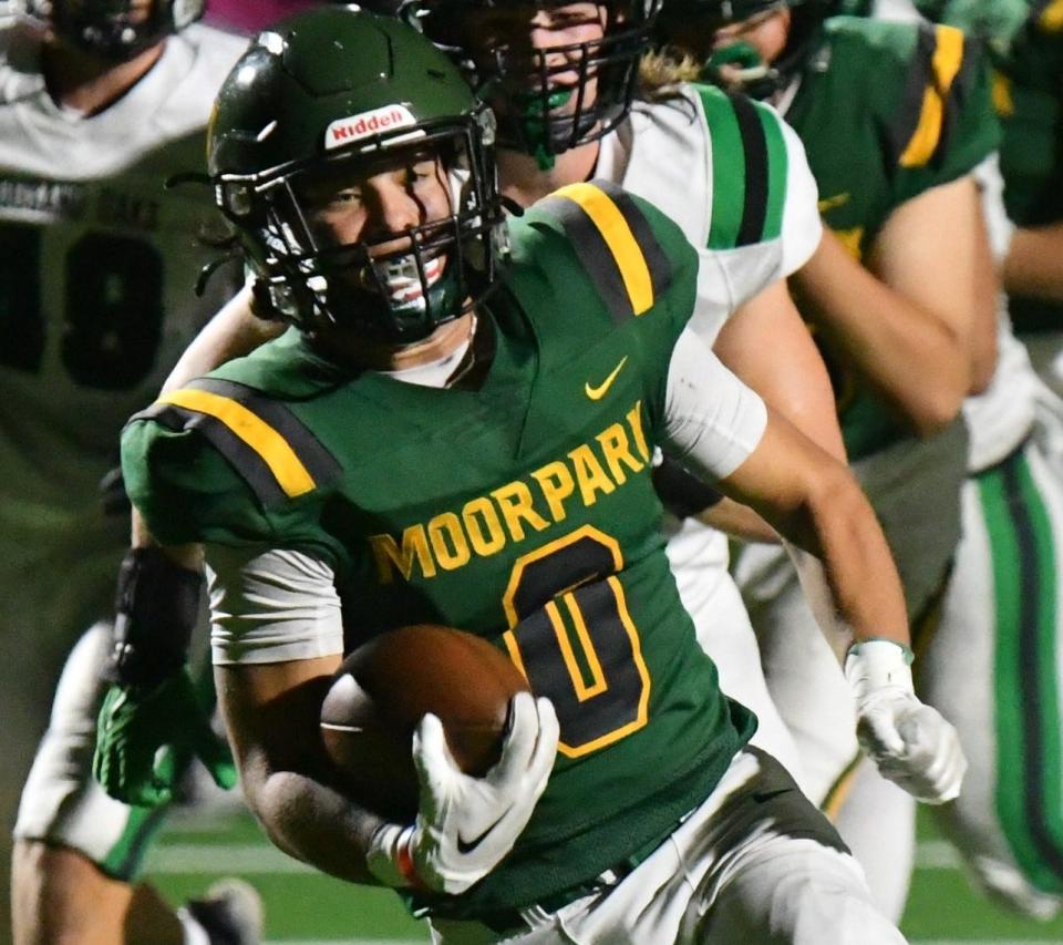 Luke Cochran ran for a career-high 322 yards and five touchdowns to lead Moorpark past Agoura and clinch a share of the Canyon League title.